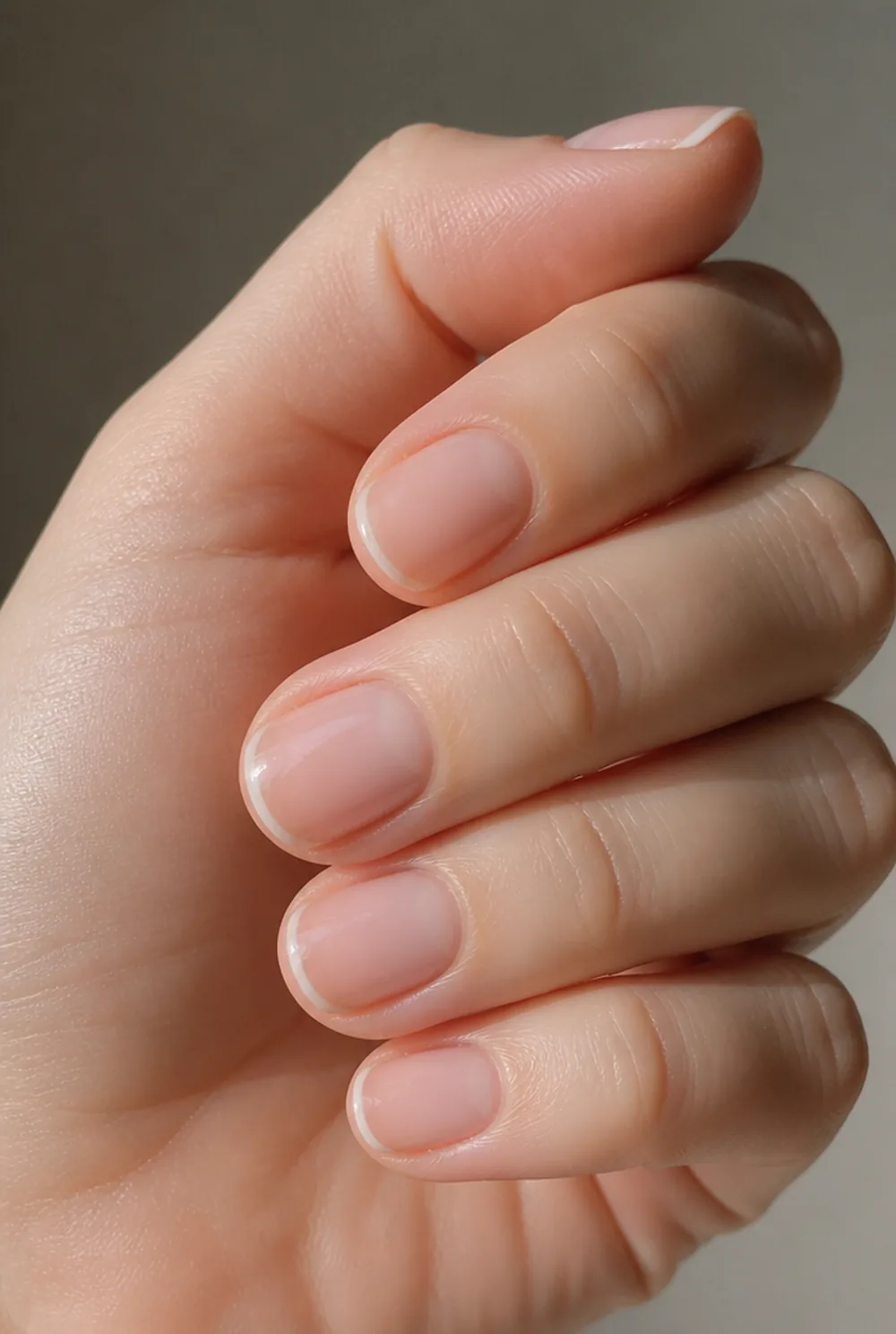 micro french nail art on fair skin, short length