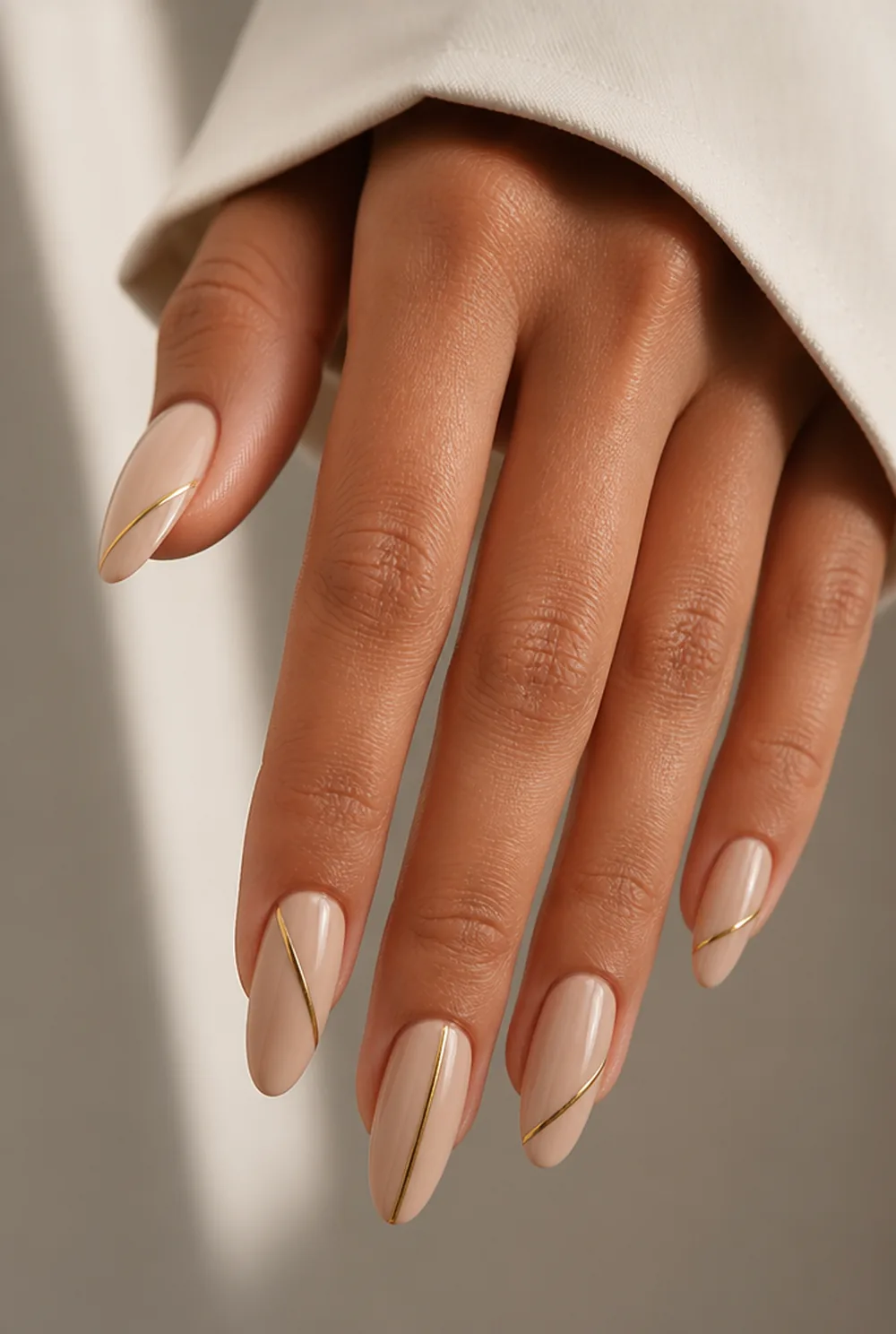 single line art nail art on olive skin, long length