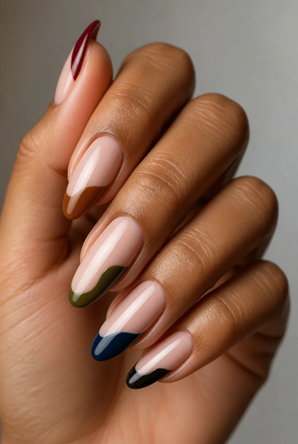 negative space arc nail art on olive skin, long length