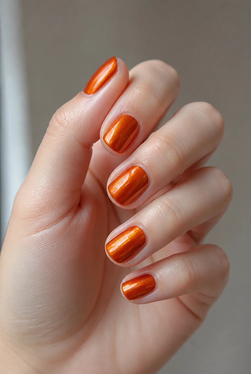 burnt orange chrome nail art on fair skin, short length