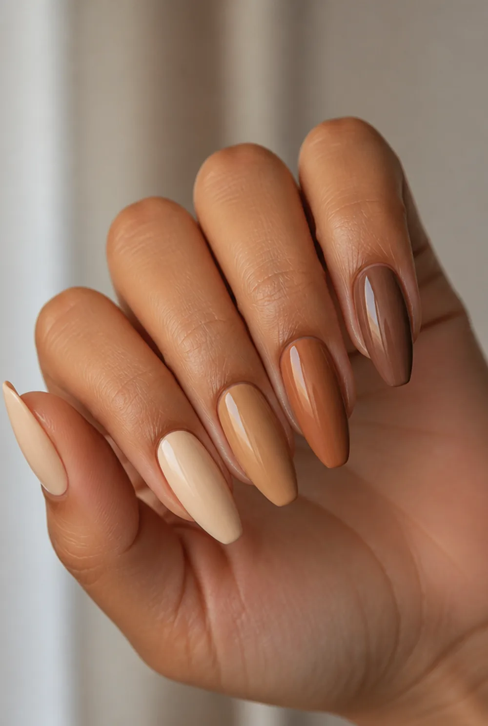 tonal ombre nail art on olive skin, long length