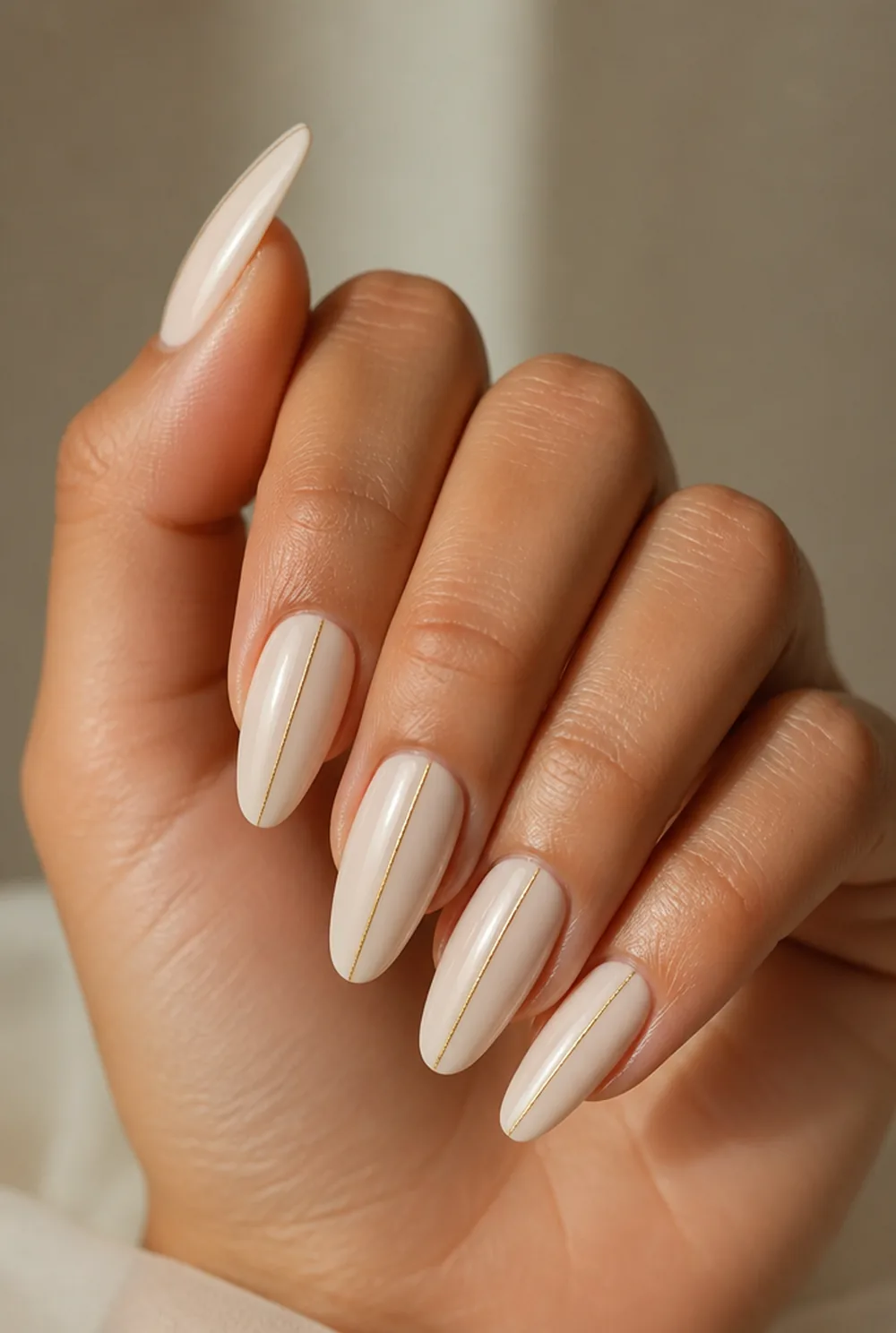 hairline metallic stripe nail art on olive skin, long length