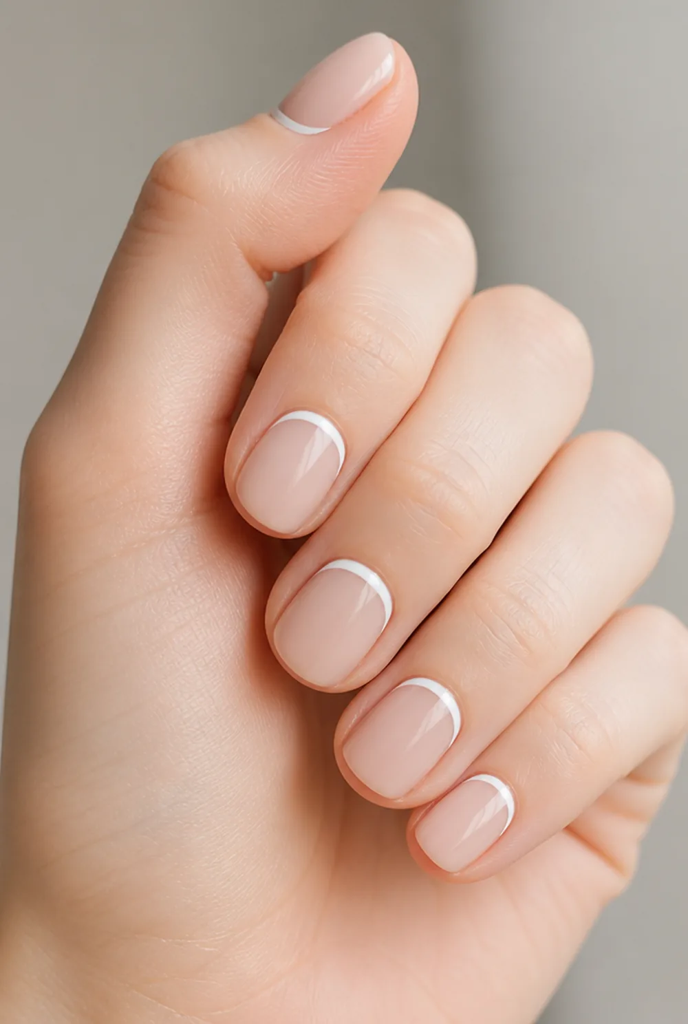 reverse french nail art on fair skin, short length