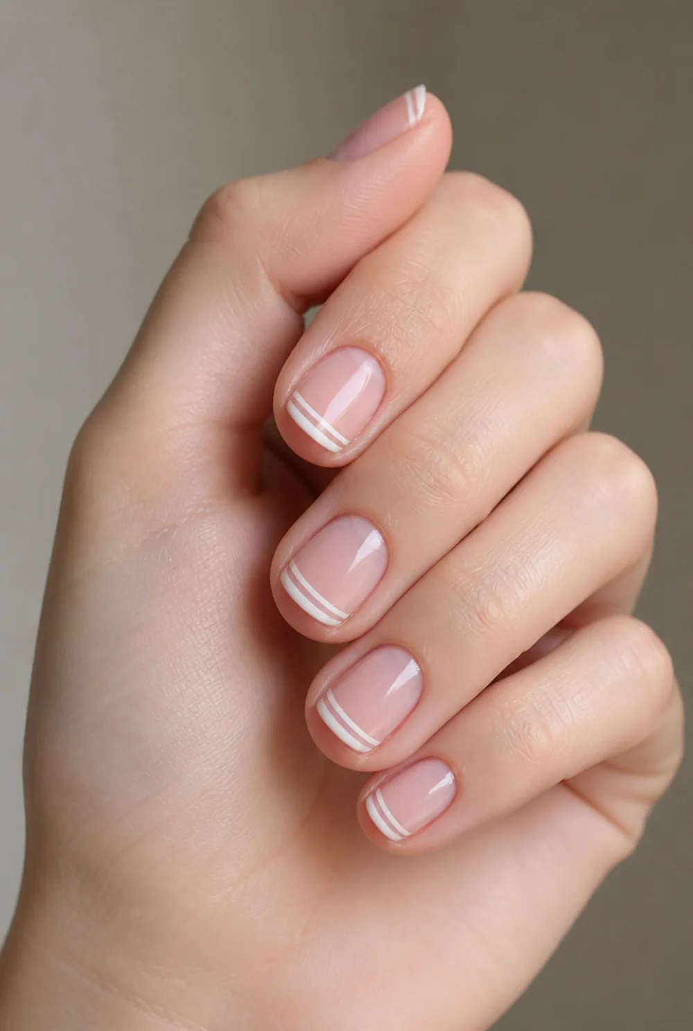 double french nail art on fair skin, short length