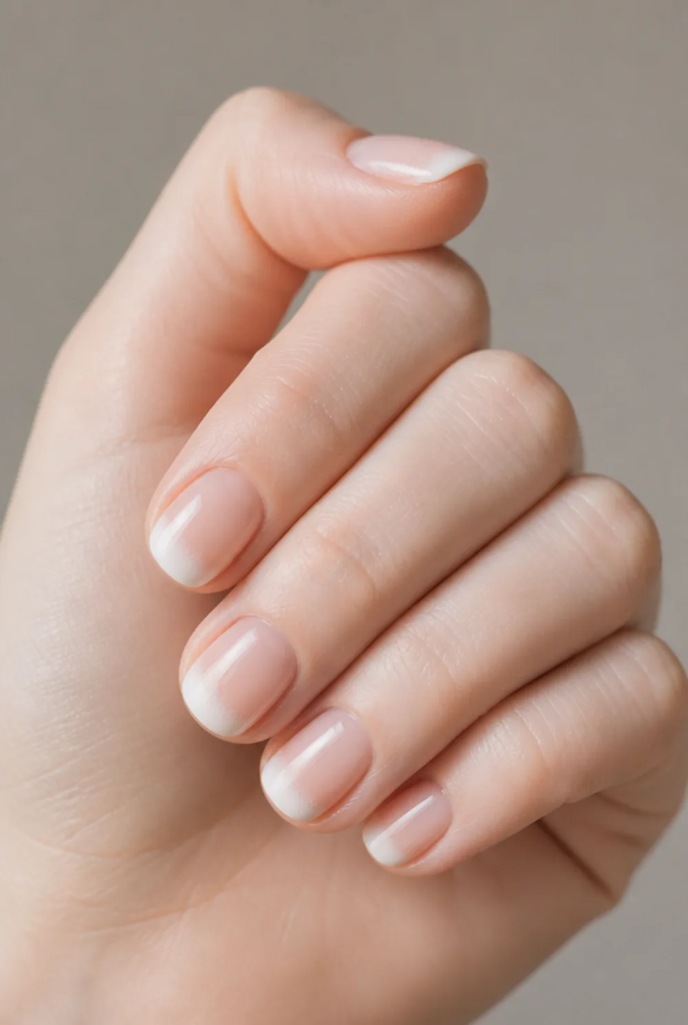 airbrushed french nail art on fair skin, short length