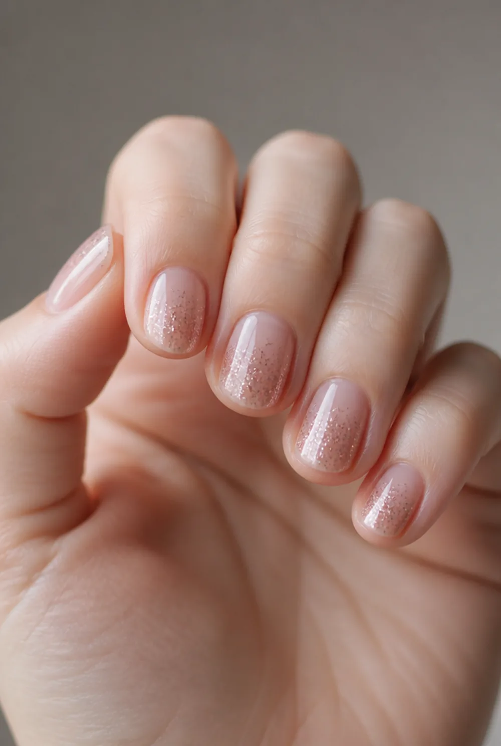cuticle glitter fade nail art on fair skin, short length