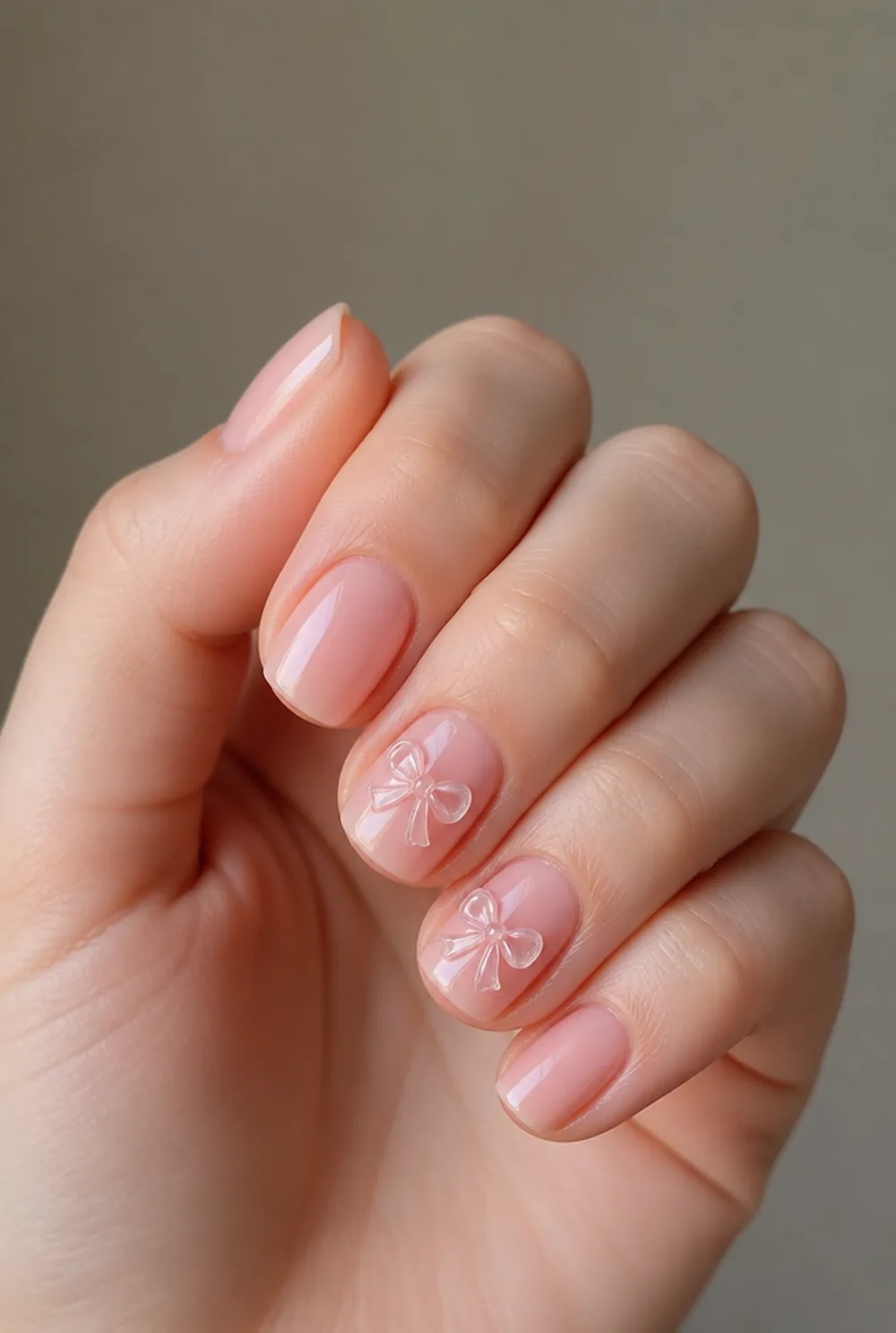 3d bows nail art on fair skin, short length