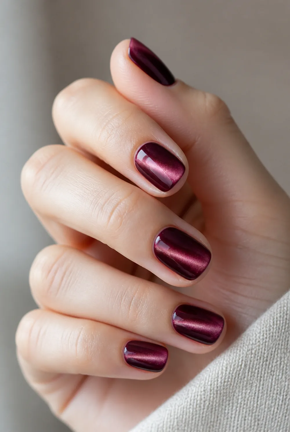 velvet cat eye nail art on fair skin, short length