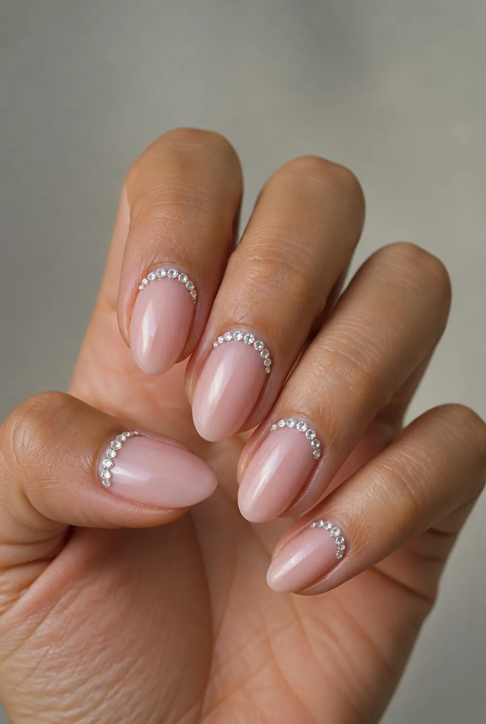 crystal cuticle line nail art on olive skin, long length