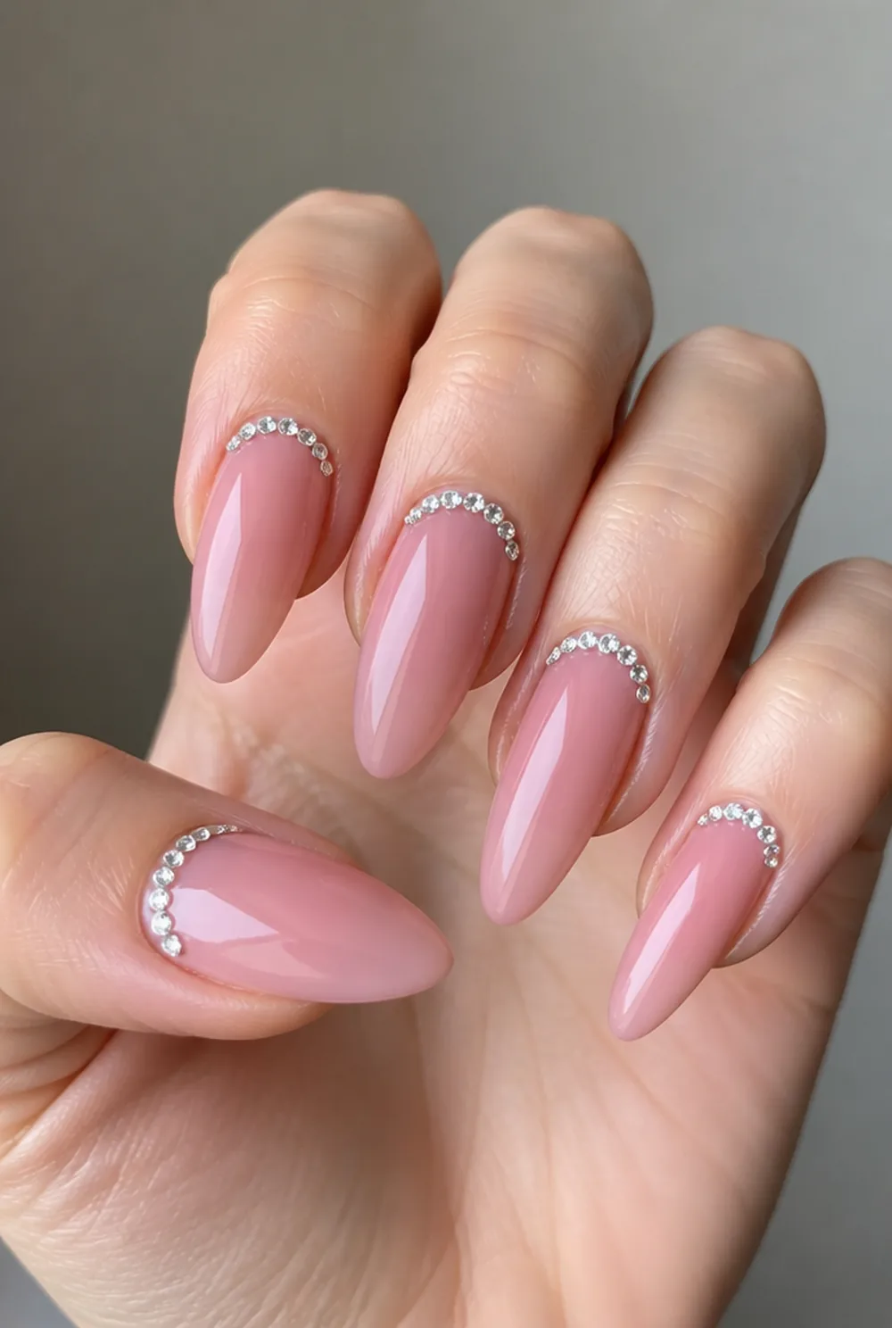 crystal cuticle line nail art on fair skin, short length