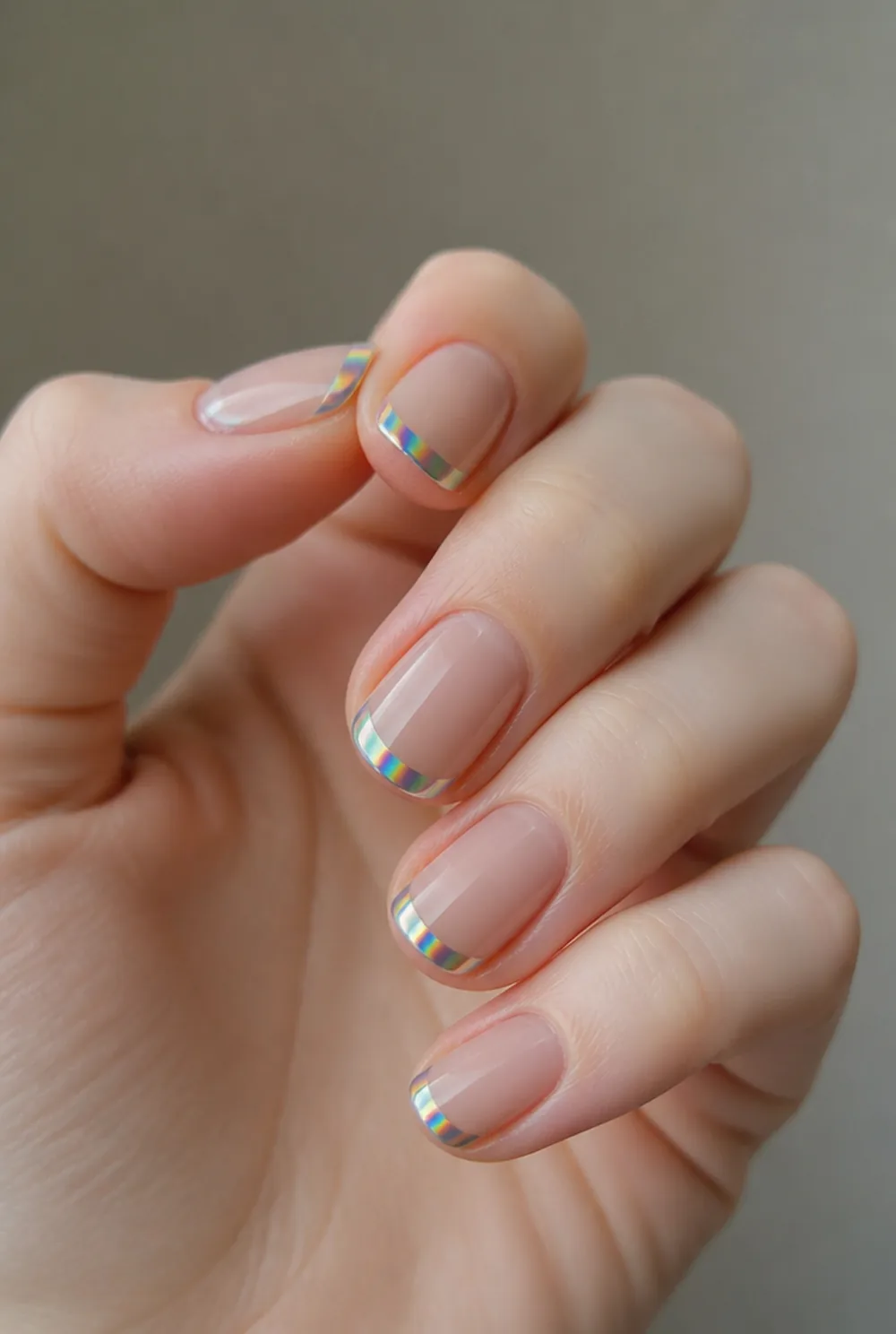 holographic tips nail art on fair skin, short length
