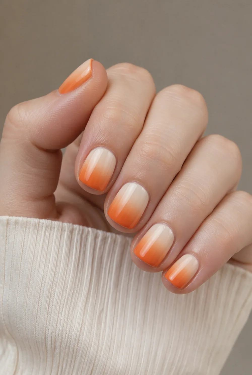 pumpkin spice ombre nail art on fair skin, short length