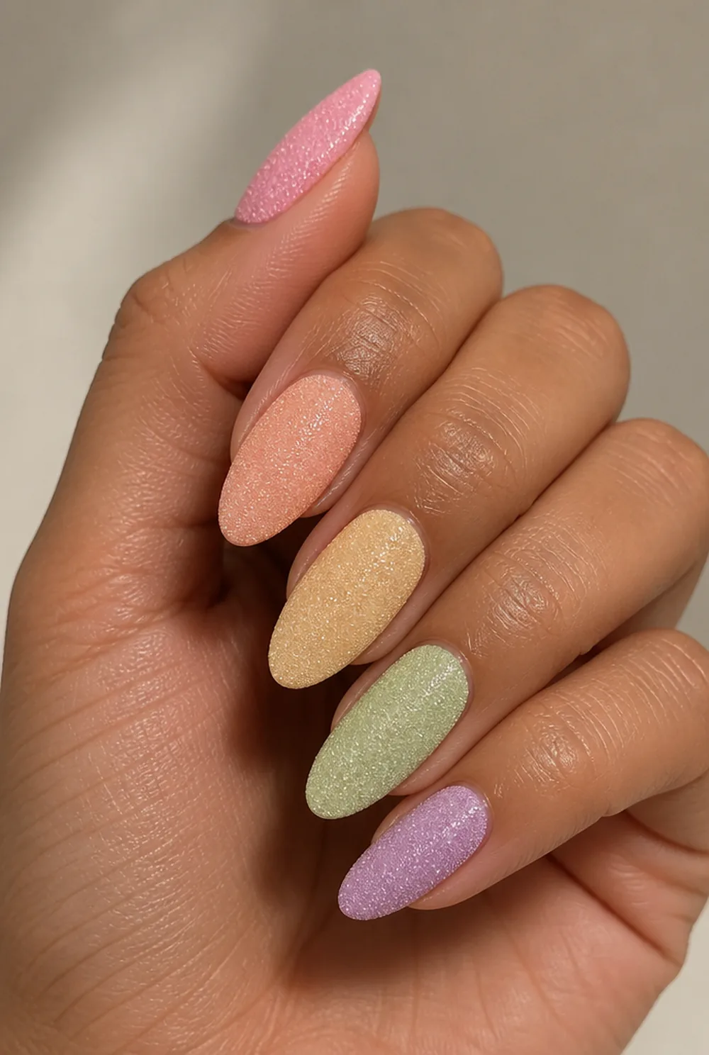 frosted sugar nail art on olive skin, long length