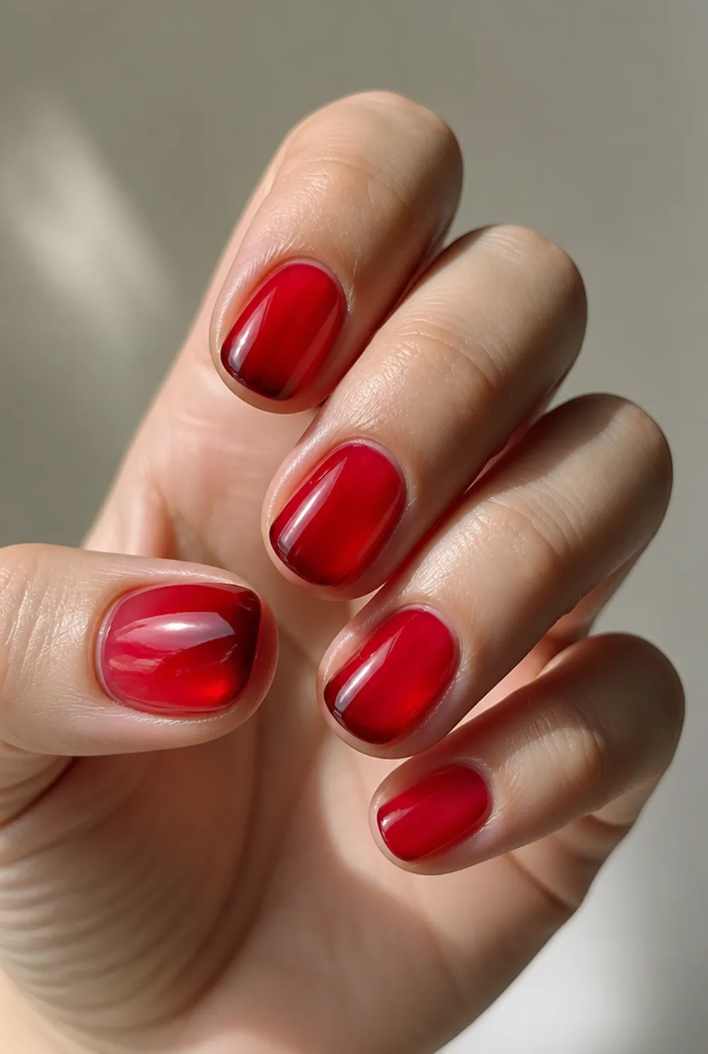 jelly glass nail art on fair skin, short length