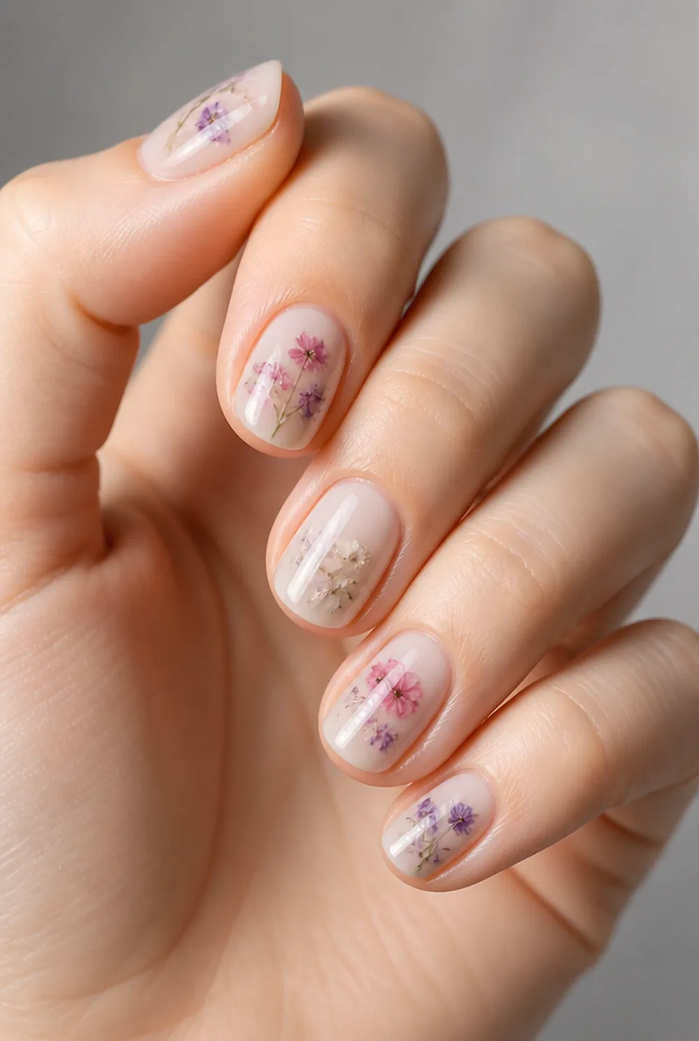pressed flowers nail art on fair skin, short length
