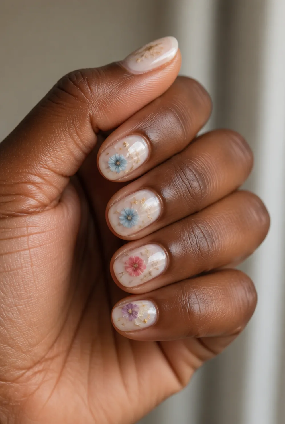 pressed flowers nail art on deep brown skin