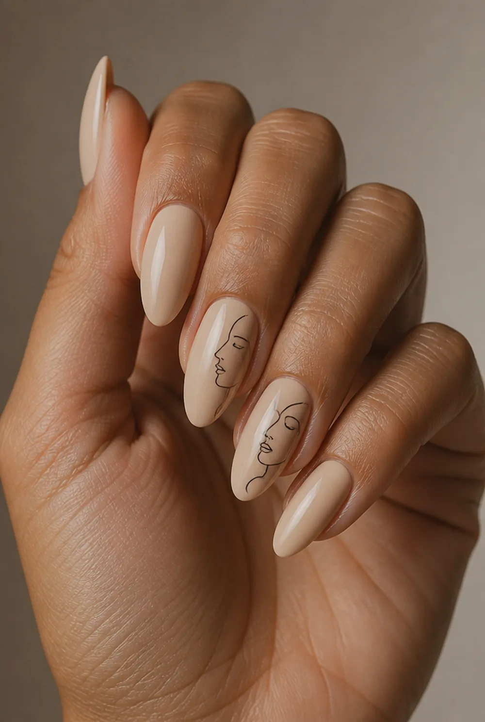 abstract line faces nail art on olive skin, long length