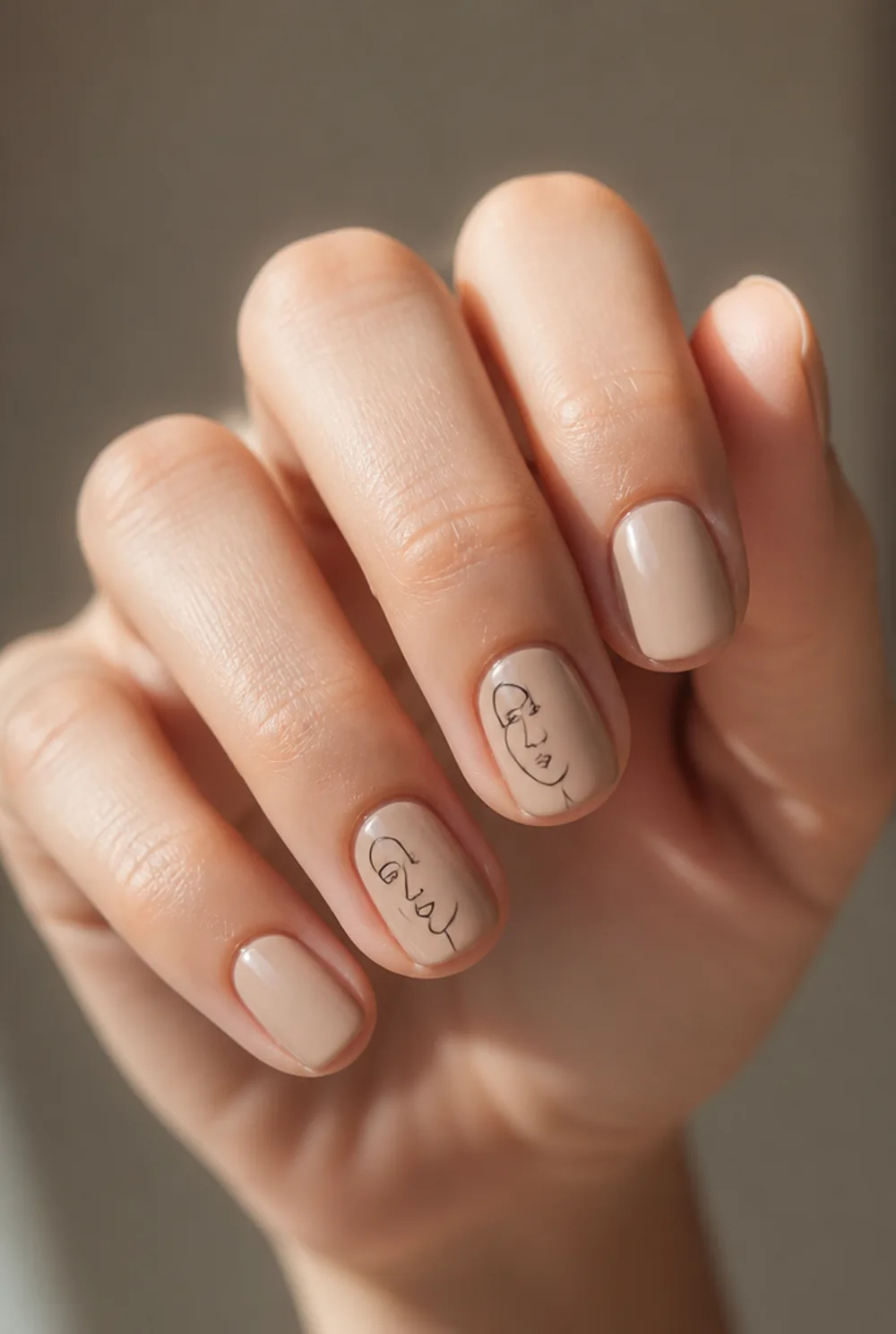 abstract line faces nail art on fair skin, short length