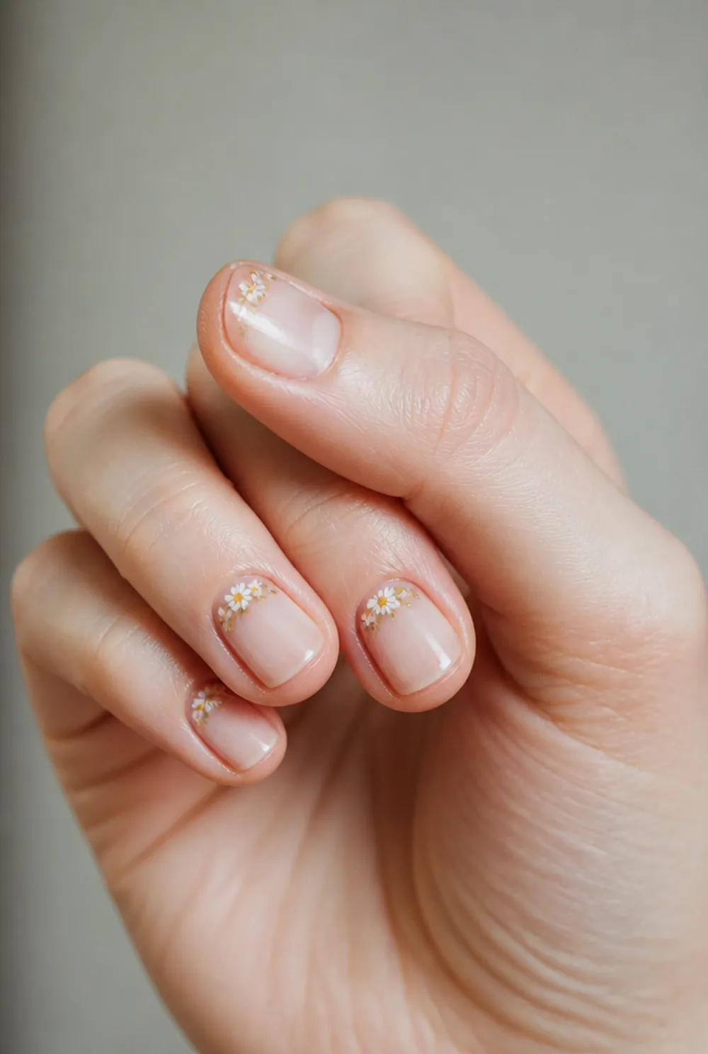 micro florals nail art on fair skin, short length