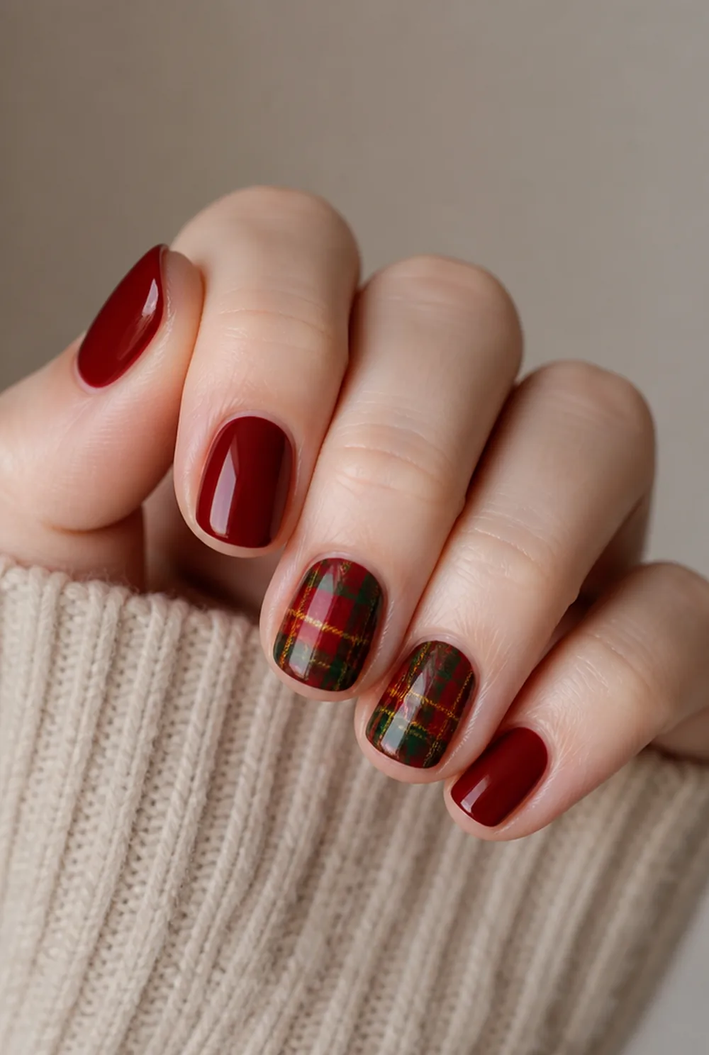 plaid flannel nail art on fair skin, short length