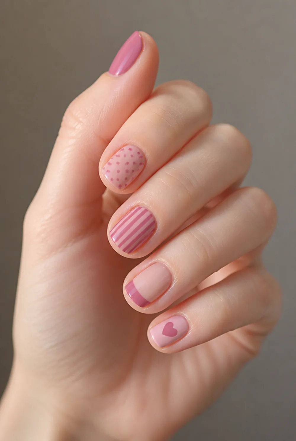 mismatched skittle set nail art on fair skin, short length