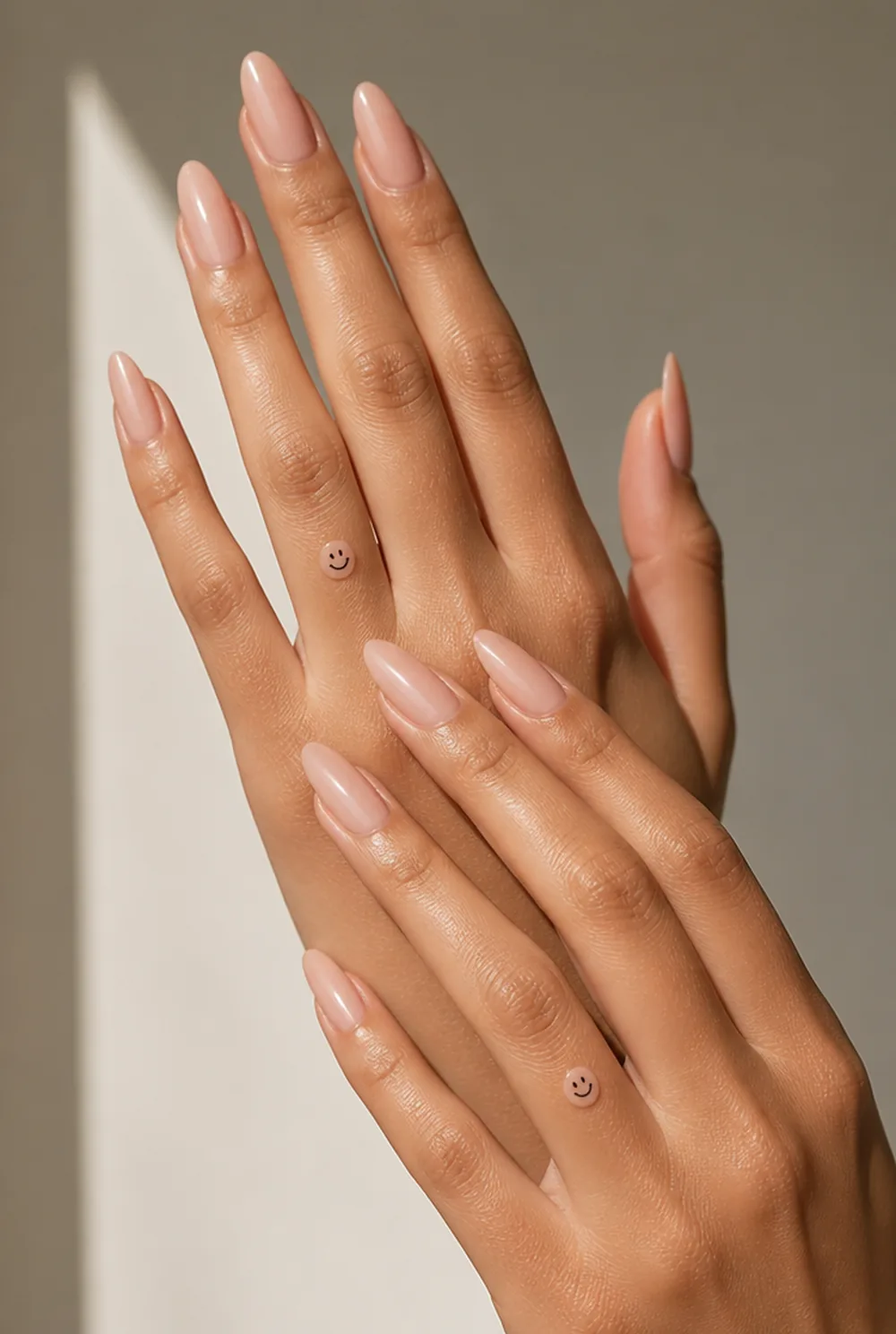 smiley accents nail art on olive skin, long length