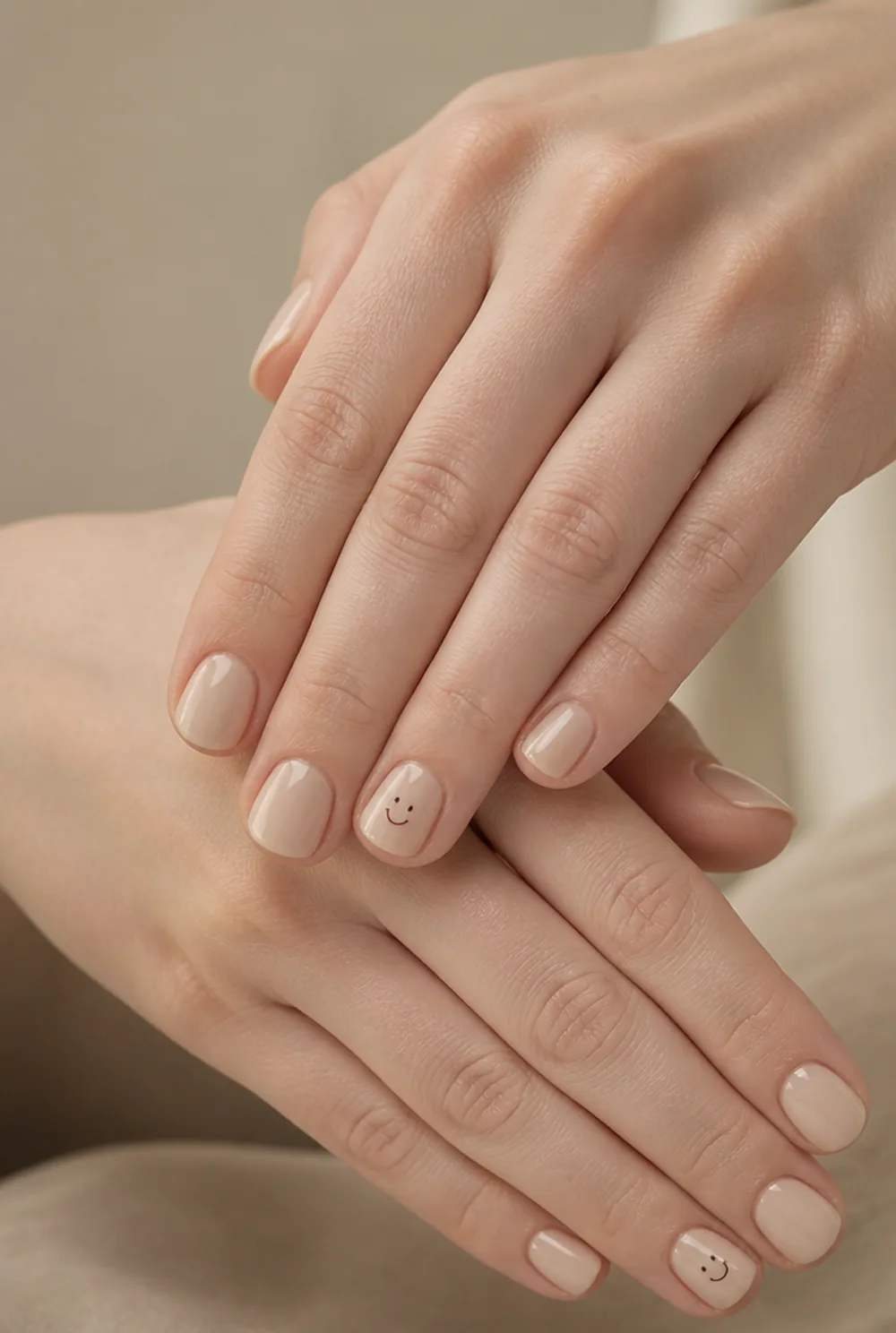 smiley accents nail art on fair skin, short length