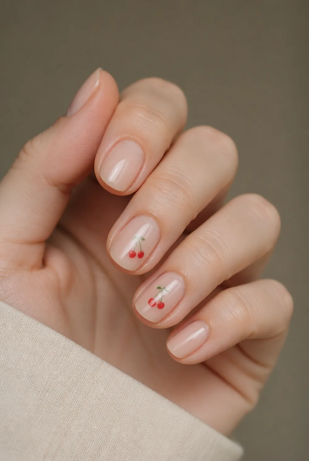 tiny cherries nail art on fair skin, short length