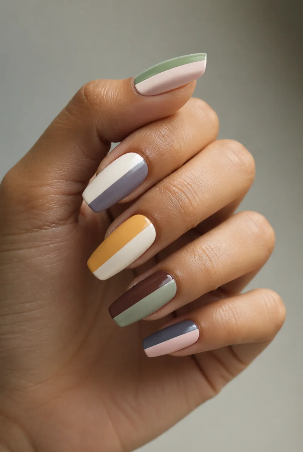 color block nail art on olive skin, long length