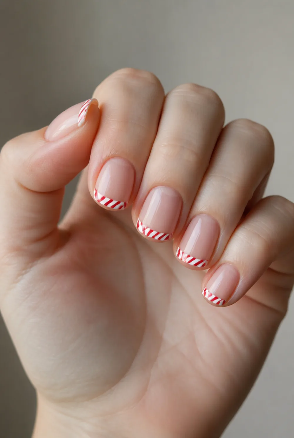 candy cane french nail art on fair skin, short length