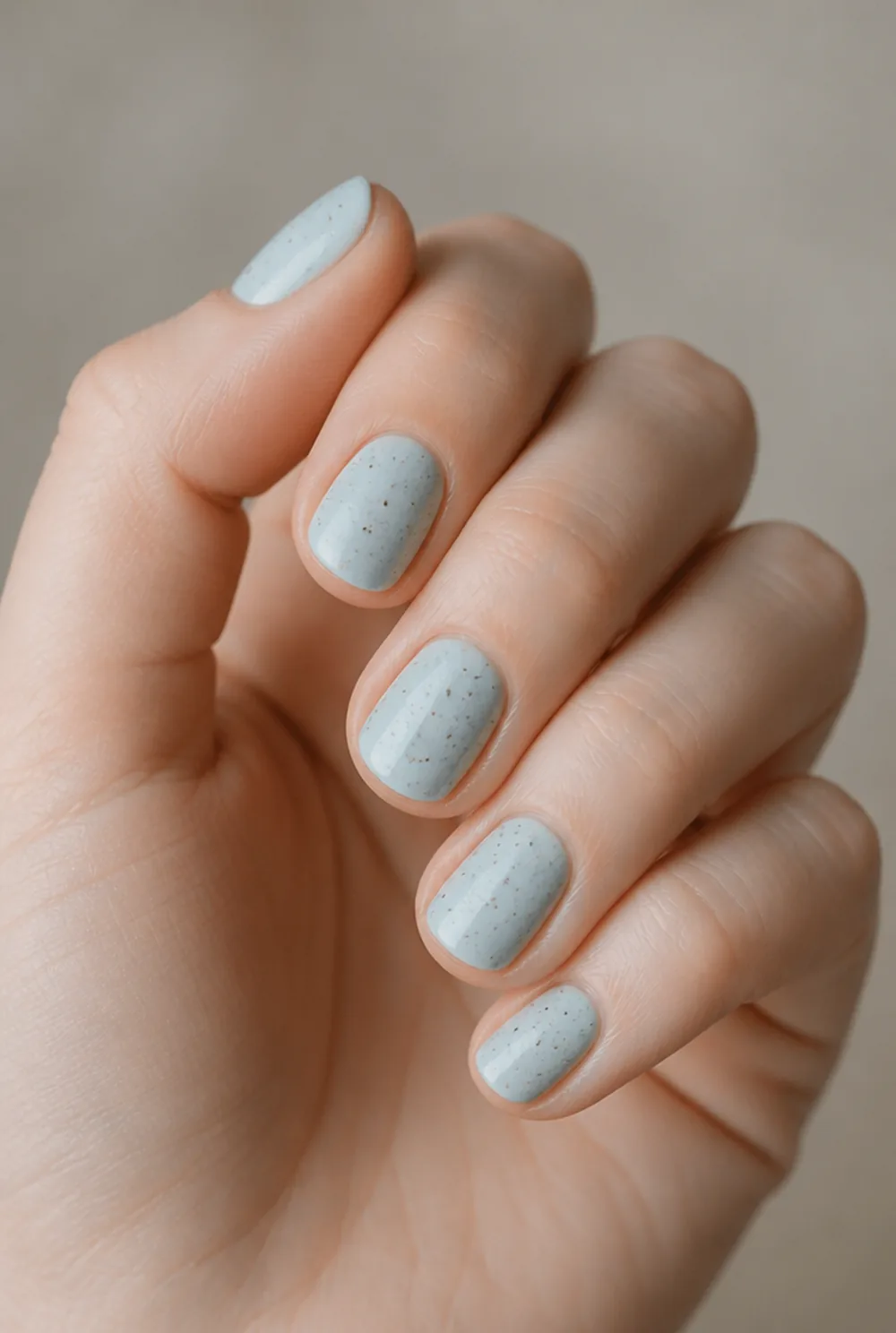 speckled egg nail art on fair skin, short length