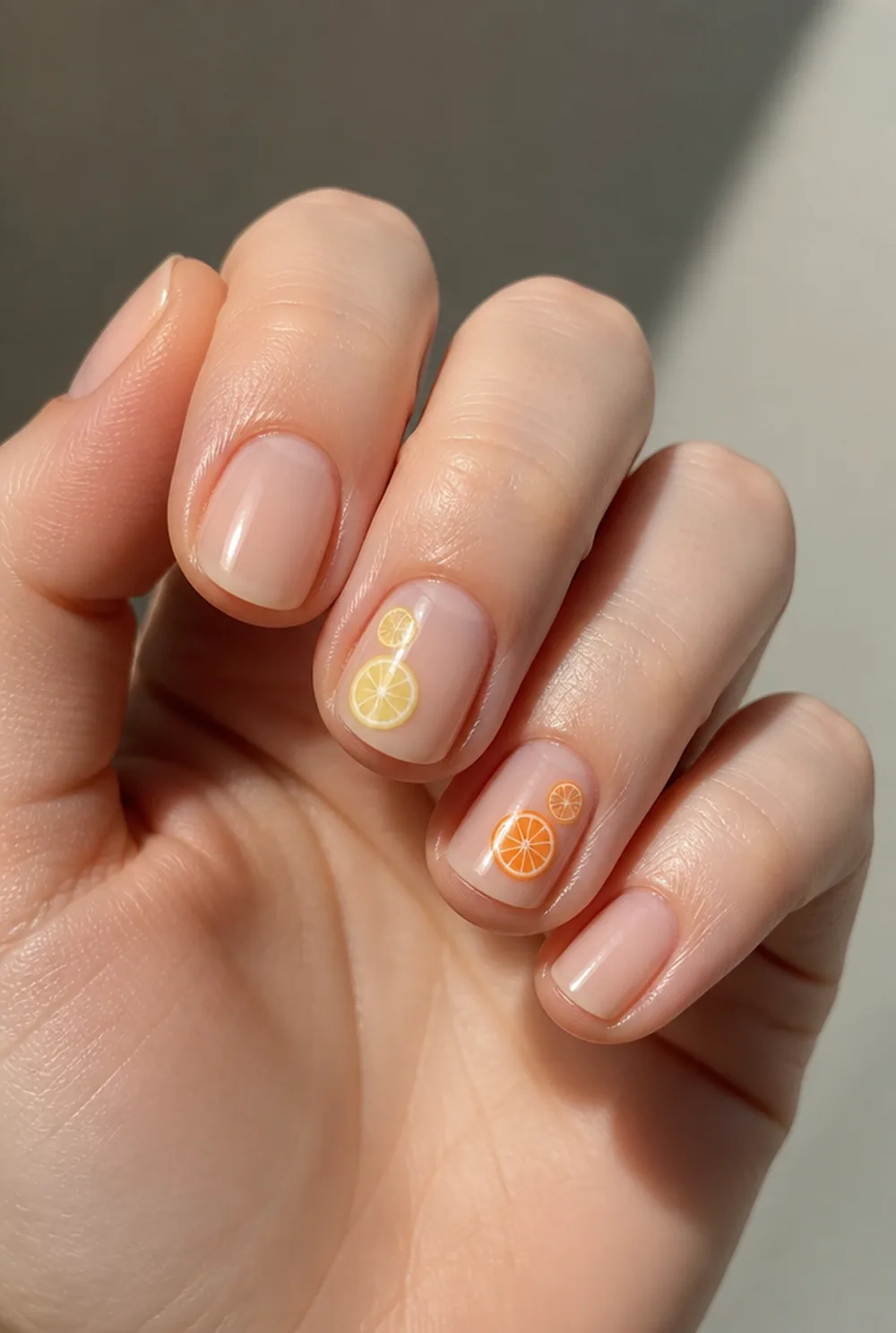 citrus slices nail art on fair skin, short length