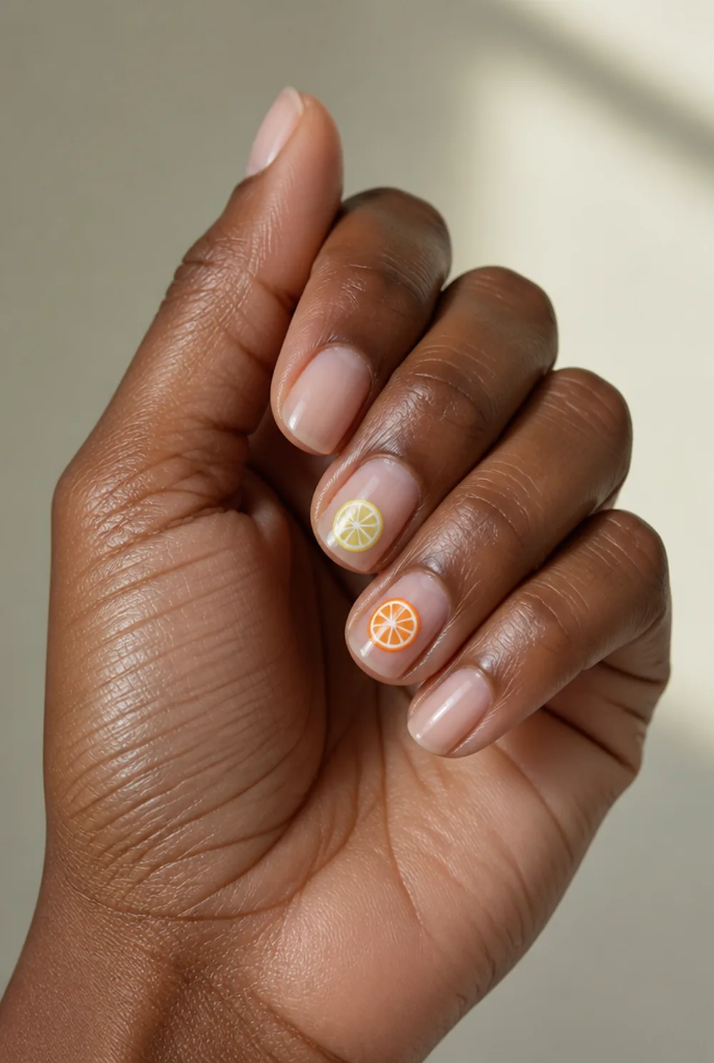 citrus slices nail art on deep brown skin