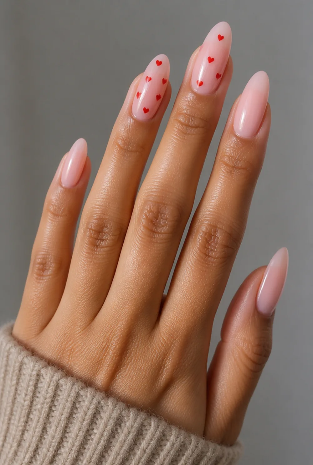 micro hearts nail art on olive skin, long length