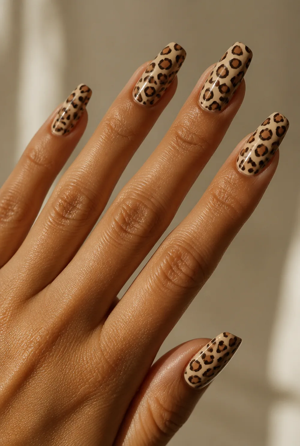 brown leopard print nail art on olive skin, long length