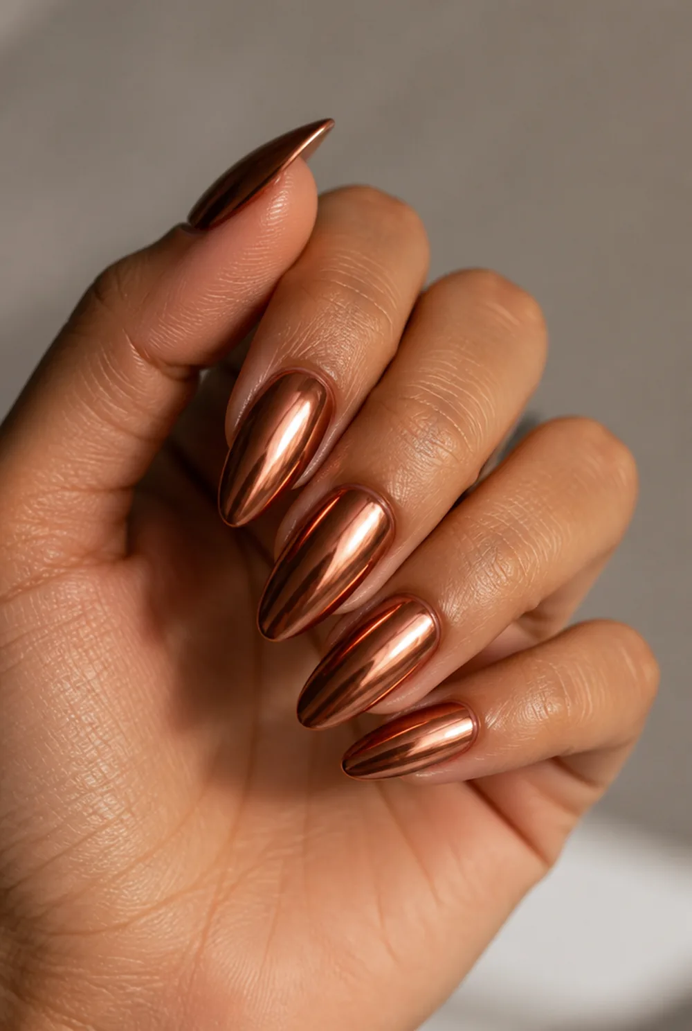 copper and warm chrome nail art on olive skin long length - PolishedAndPrettyNails.com copper and warm chrome nail art on olive skin, long length