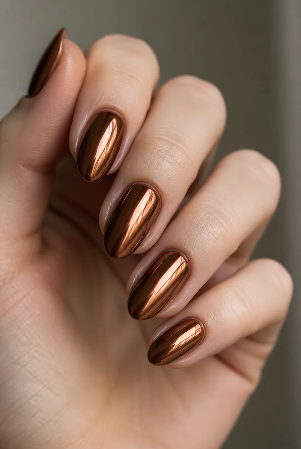copper and warm chrome nail art on fair skin short length - PolishedAndPrettyNails.com copper and warm chrome nail art on fair skin, short length