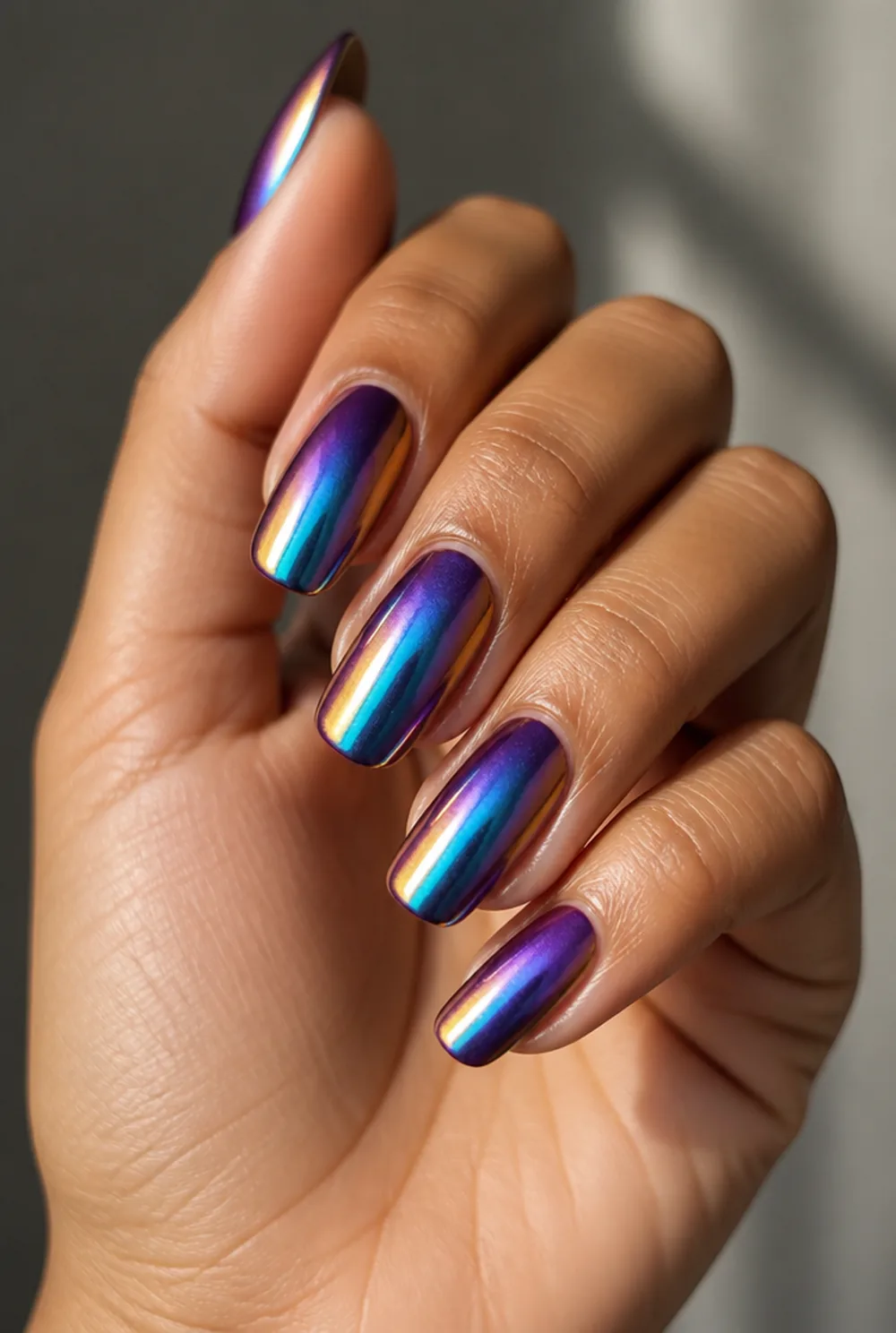 multichrome shift nail art on olive skin long length - PolishedAndPrettyNails.com multichrome shift nail art on olive skin, long length