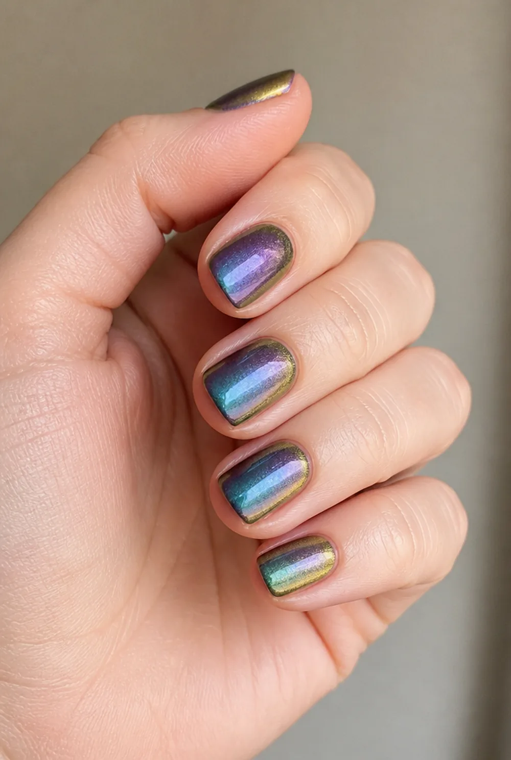 multichrome shift nail art on fair skin short length - PolishedAndPrettyNails.com multichrome shift nail art on fair skin, short length