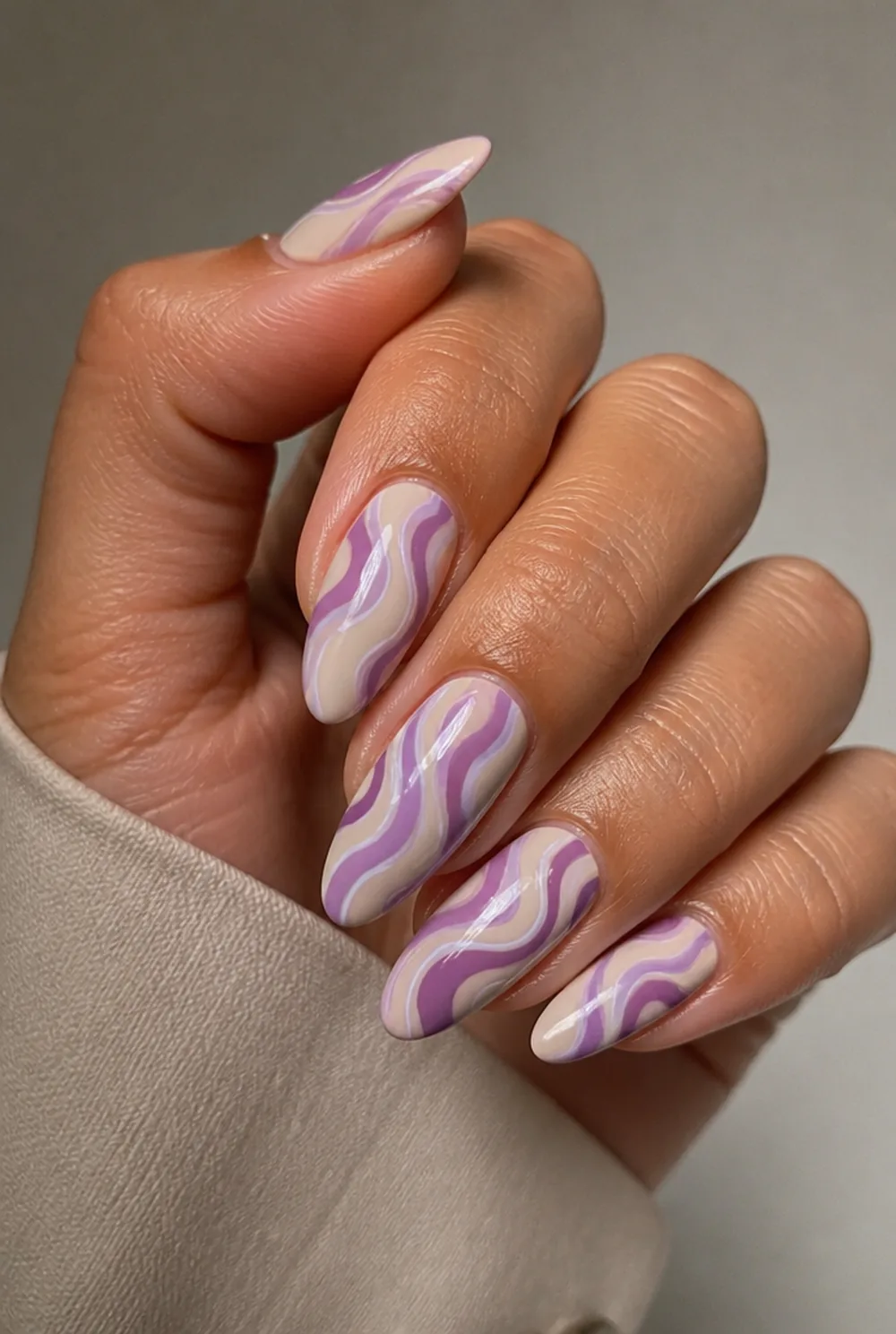retro purple swirls nail art on olive skin long length - PolishedAndPrettyNails.com retro purple swirls nail art on olive skin, long length