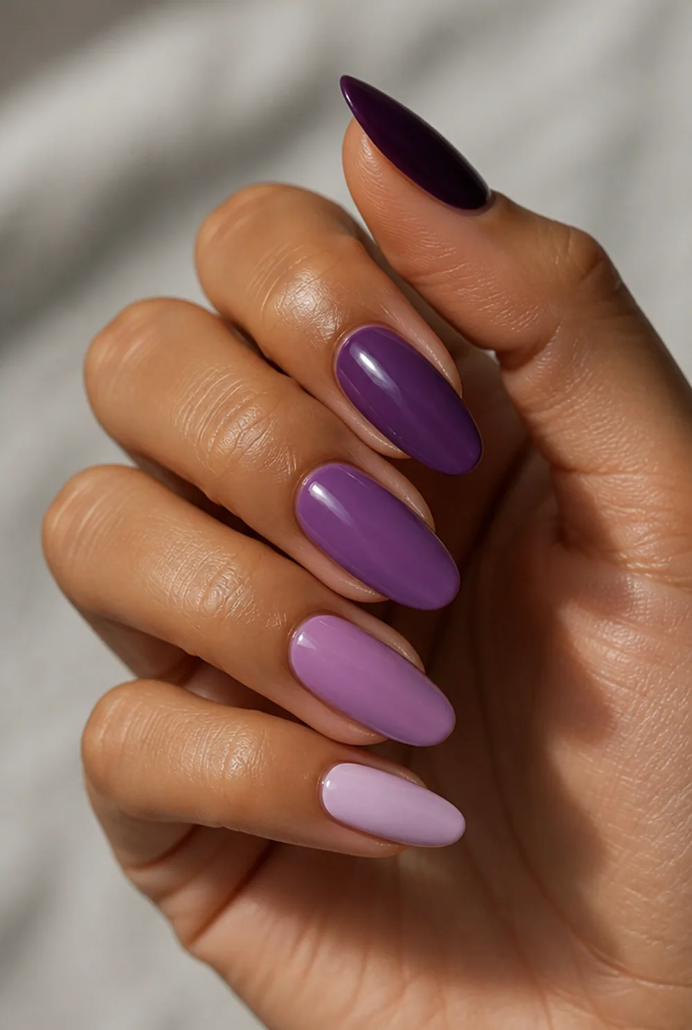purple skittle gradient nail art on olive skin long length - PolishedAndPrettyNails.com purple skittle gradient nail art on olive skin, long length
