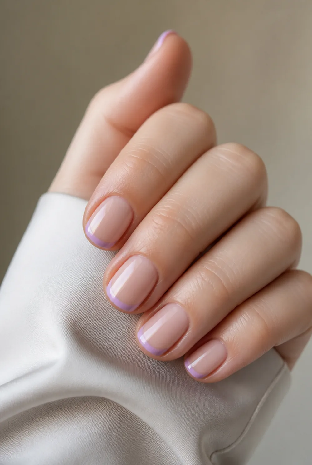 violet french tips nail art on fair skin short length - PolishedAndPrettyNails.com violet french tips nail art on fair skin, short length