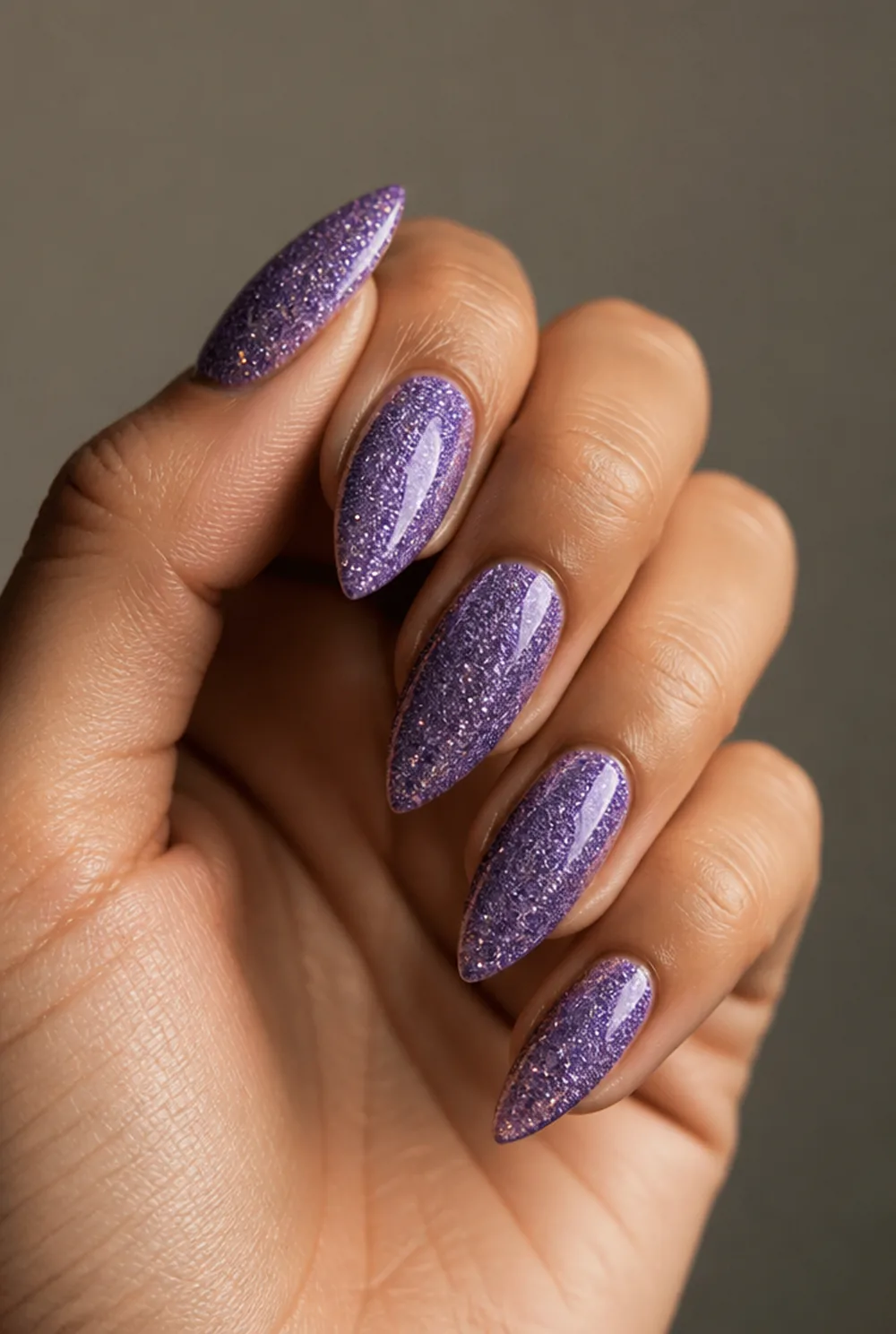 amethyst glitter nail art on olive skin long length - PolishedAndPrettyNails.com amethyst glitter nail art on olive skin, long length