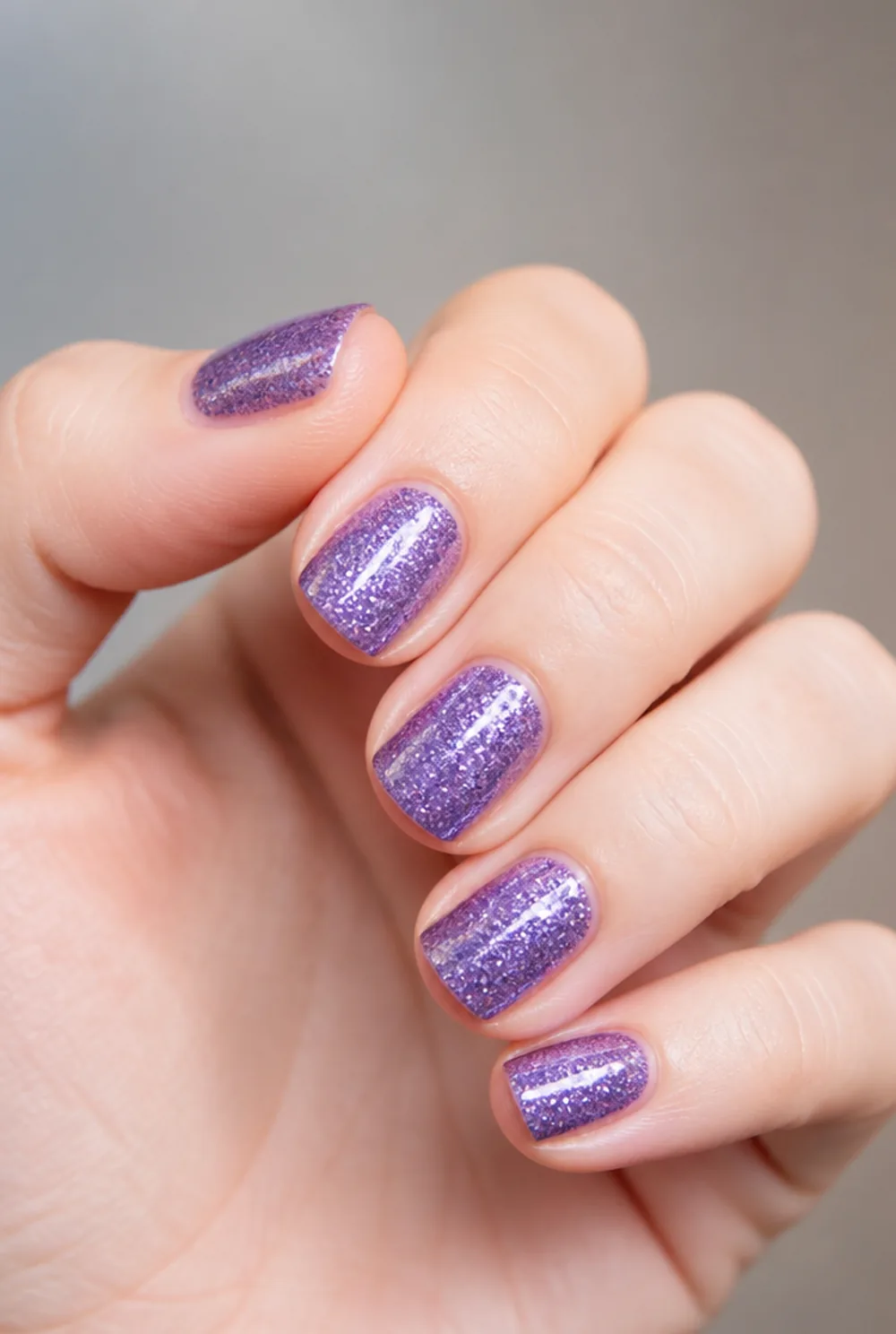 amethyst glitter nail art on fair skin short length - PolishedAndPrettyNails.com amethyst glitter nail art on fair skin, short length