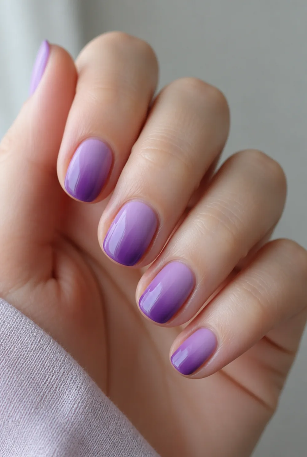 purple ombre nail art on fair skin short length - PolishedAndPrettyNails.com purple ombre nail art on fair skin, short length