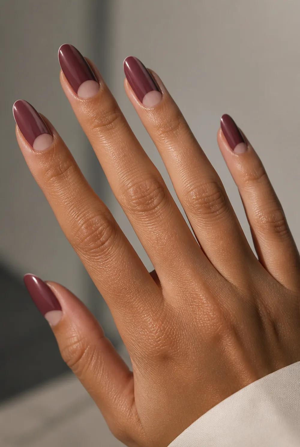 half-moon nail art on olive skin long length - PolishedAndPrettyNails.com half-moon nail art on olive skin, long length