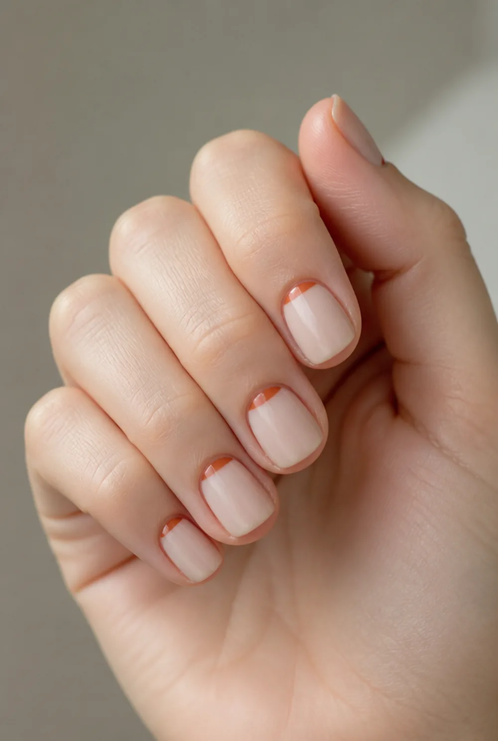 rust half-moons nail art on fair skin short length - PolishedAndPrettyNails.com rust half-moons nail art on fair skin, short length