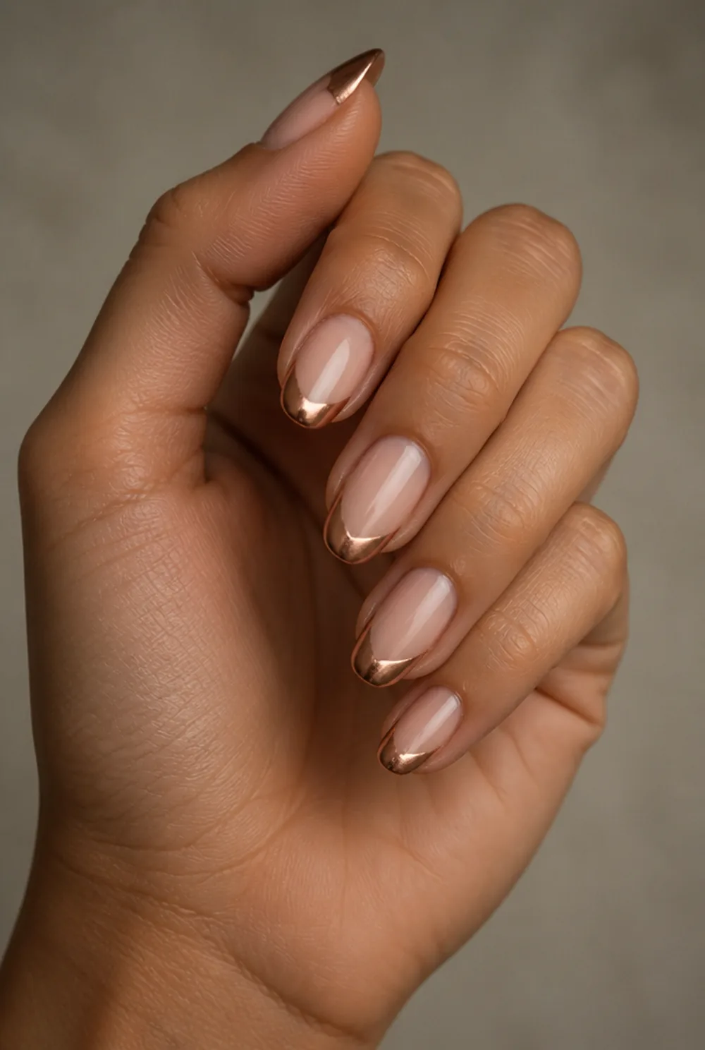 copper shimmer tips nail art on olive skin long length - PolishedAndPrettyNails.com copper shimmer tips nail art on olive skin, long length
