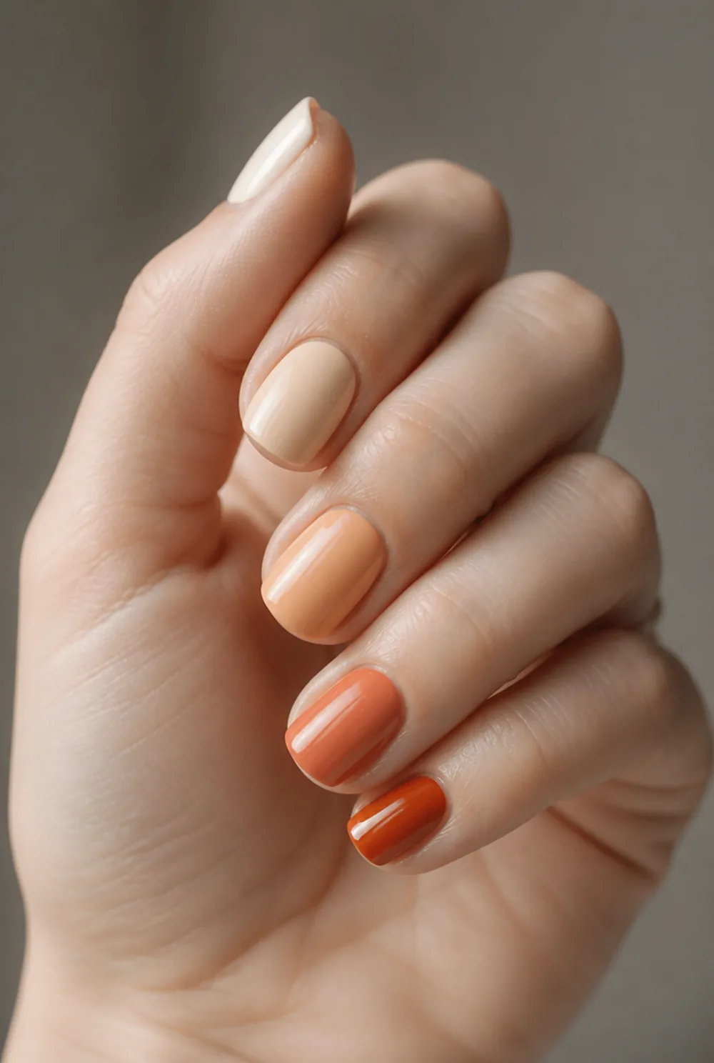 burnt orange skittle hand nail art on fair skin short length - PolishedAndPrettyNails.com burnt orange skittle hand nail art on fair skin, short length