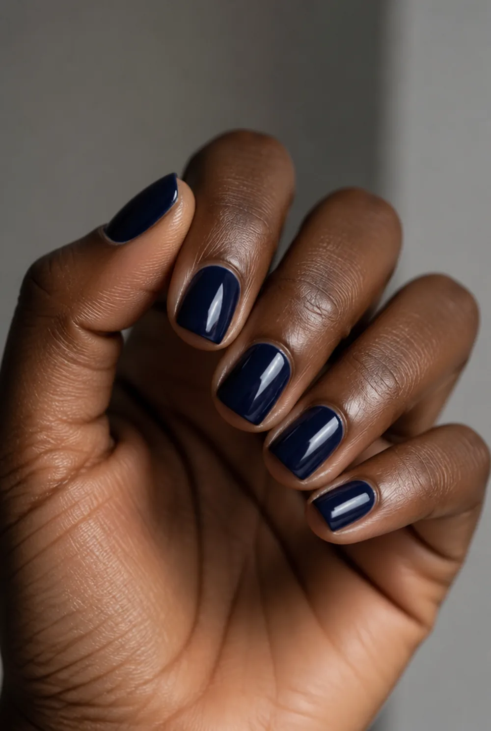 midnight navy creme nail art on deep brown skin - PolishedAndPrettyNails.com midnight navy creme nail art on deep brown skin